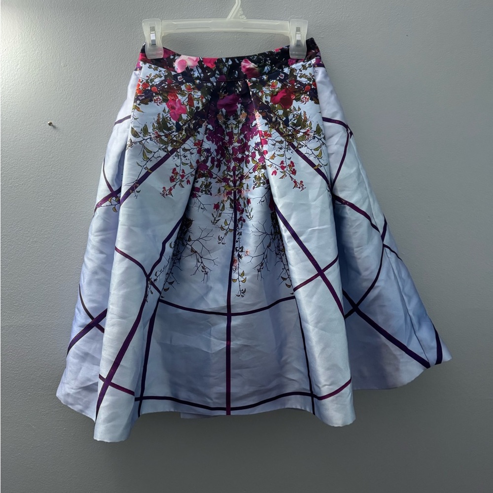 Ted Baker Light Blue Floral Grid Midi Skirt